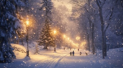 Enchanting winter scene with families enjoying a snowy, lamp-lit park path.