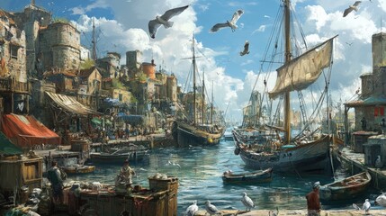 Bustling medieval harbor scene with ships and seagulls.