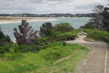 Hiking trail and beach sandspit and entrance of the Mangawhai Heads, Mangawhai, Northland, New Zealand.