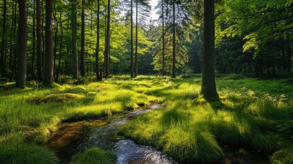 Fototapeta premium Peaceful forest with a stream and lush green grass.