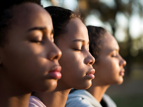 Mujeres j&oacute;venes negras meditando iluminadas por c&aacute;lidas y suaves luces del atardecer
