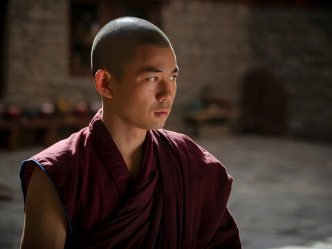 Joven monje budista tibetano con la cabeza rapada, vestido con t&uacute;nicas granates y de pie en un patio con paredes de piedra
