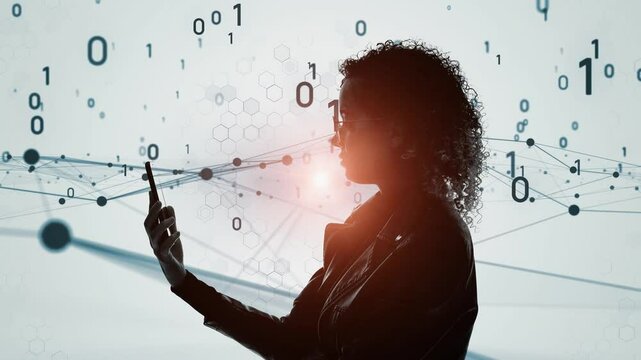Mixed media of woman using smartphone and digital technology concept
