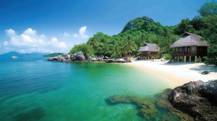 Tropical beach paradise with lush greenery and crystal-clear waters.