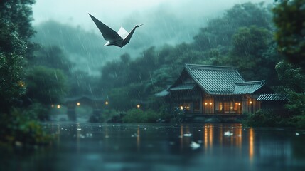 A paper crane flies over a Japanese house by a river during a rainy day.