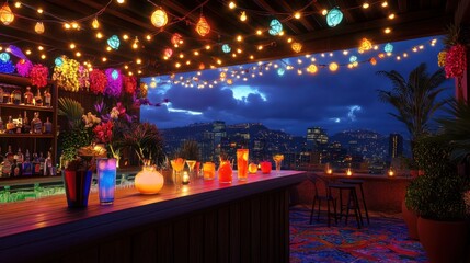 Obraz premium Vibrant rooftop bar at night with colorful lights and city skyline.