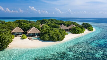 Tropical island resort with luxurious beachfront villas and crystal-clear waters.