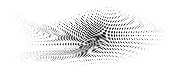 Flowing Wave Dot Halftone Pattern: Curve Gradient Shape on Transparent Background. Suitable for AI, Tech, Network, Digital, Science, and Technology Themes.