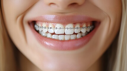 Obraz premium A patient's teeth transformation with braces, featuring an initial view of crooked teeth and the final outcome of perfectly straightened dental arches