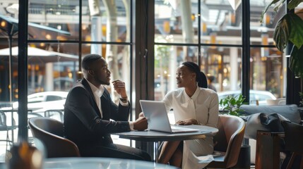 A man and woman collaborate at a table, focused on a shared laptop for their project