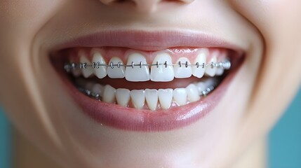 Obraz premium Before-and-after orthodontic transformation: photograph of a patient on the day they receive braces and on the day they are removed, showcasing a dramatic dental change