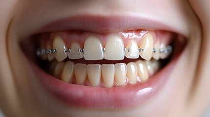 Obraz premium Before-and-after shots of a patient on the first and last days of wearing braces, focusing on the improvement in dental alignment