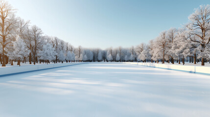 A serene winter landscape featuring a frozen lake bordered by snow-covered trees under a clear blue sky, creating a tranquil and picturesque winter scene.
