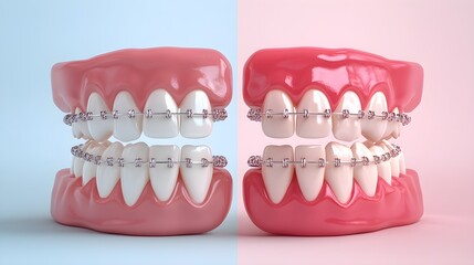 Obraz premium Braces benefit infographic with split-view before-and-after dental images, demonstrating enhanced tooth alignment, better jaw health, and improved facial structure