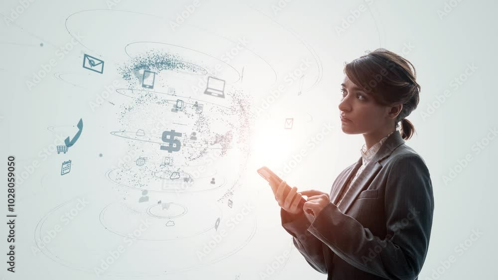 Poster mixed media of a woman using a smartphone and communication network concept