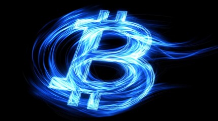 A futuristic digital representation of a Bitcoin symbol glowing in neon blue, showcasing cryptocurrency and blockchain technology concepts for finance and digital economy innovation