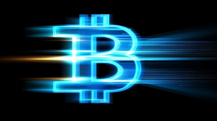 A futuristic digital representation of a neon blue Bitcoin symbol, effectively illustrating cryptocurrency and blockchain technology concepts for finance, digital economy, and tech innovation