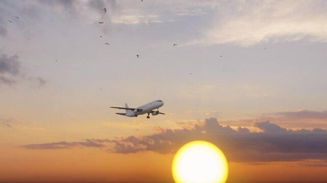 3840x2160 ULTRA HD. Airplane flies in sunset sky. Travel. Airplane takes off against the background of sunset sky. 4K.