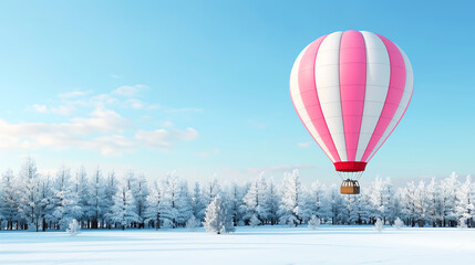 Obraz premium A vibrant hot air balloon with pink stripes floats gracefully over a stunning winter landscape, with snow-covered trees under a clear blue sky, creating a serene and picturesque sc