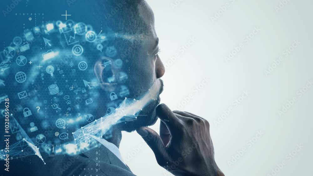 Poster Mixed media of thinking man and digital network concept