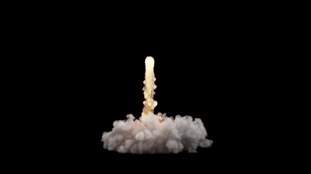 Rocket or missile launch with heavy smoke and fire, two versions and a GROUND REFERENCE shot 4K 30P, with alpha channel for transparent background