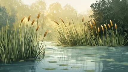 Obraz premium Tranquil wetland scene with cattails by a calm river.