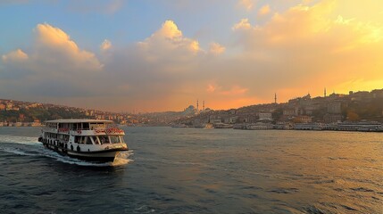 Obraz premium Breathtaking sunset over the Marmara Sea near Istanbul, Turkey, showcasing vibrant colors reflecting on calm waters, with a serene coastal landscape and golden twilight skies