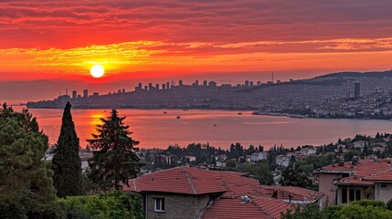 Fototapeta premium Breathtaking sunset over the Marmara Sea near Istanbul, Turkey, showcasing vibrant colors reflecting on calm waters, with a serene coastal landscape and golden twilight skies