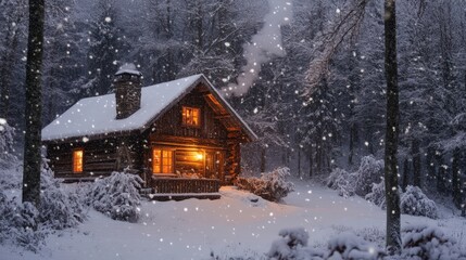 Cozy cabin in a snowy winter forest at dusk, glowing warmly.