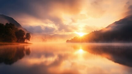 Obraz premium Serene sunrise over a misty mountain lake reflecting warm hues.