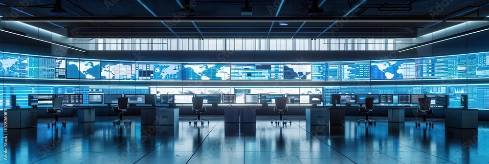 Poster A busy logistics control center displays extensive delivery and route data on large screens, enhancing transportation efficiency. Generative AI