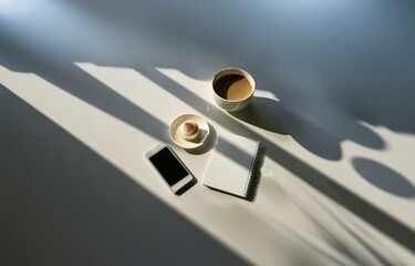 A white surface with a cup of coffee, a small pastry, a smartphone, and a spiral bound notebook. All items are placed under soft, natural sunlight.