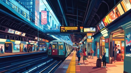 Dynamic city train station bustling with diverse commuters.