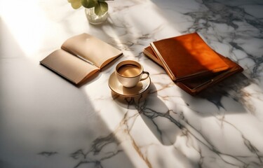 A cup of coffee, a book, and a stack of leather-bound journals rest on a marble surface bathed in sunlight.