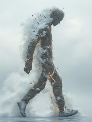 Mental health issues. Abstract human figure made of clouds, twigs, and lightning walking through the mist. Heavy weight of a storm and darkness, a man in depression and struggling