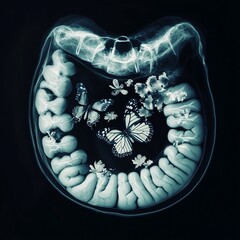 X-ray showing butterflies in human gut when feeling in love. Funny concept for literal meaning of having butterflies in your stomach