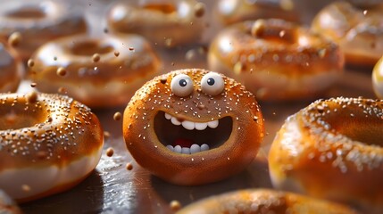 Funny happy bagel character smiling, surrounded by sesame seeds among other freshly baked bagels