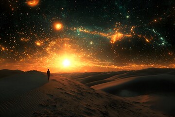 Person standing at sunset on a sand dune under a glowing galaxy and bright starry sky