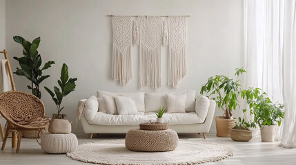 white living room interior design with macrame wall hanging and cozy decor and plants