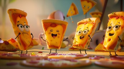 Happy cartoon pizza slices with faces having fun at a pizza party