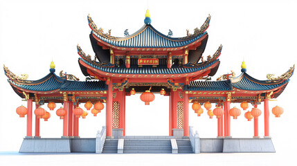 Fototapeta premium traditional chinese temple with red lanterns and golden accents isolated on white background