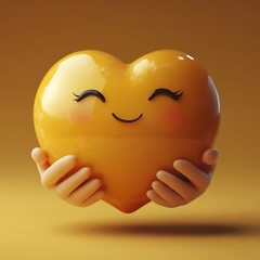 Small 3d hands holding a cute yellow heart with a smiling face on yellow background. Romantic love emoji gift concept for Valentines day