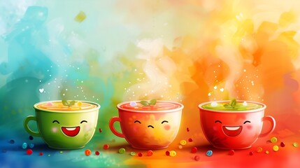 Three colorful smiling cups of hot soup on a vibrant rainbow background