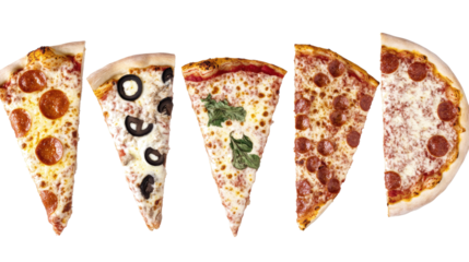 Set of Five Delicious Pizza Slices Decorated With Various Toppings Generative AI