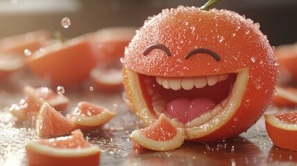 Happy laughing fresh grapefruit with cartoon face and a big smile surrounded by grapefruit slices