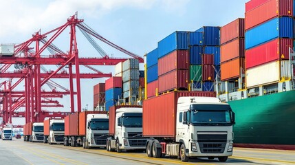 A fleet of trucks loaded with shipping containers at a busy port, showcasing logistics and transportation efficiency.