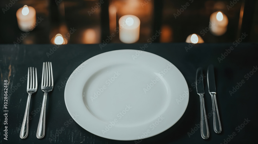 Poster empty white plate with silver cutlery on dark table and candles in the background. elegant and intim
