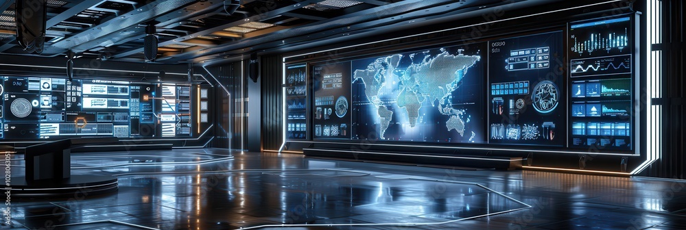 Poster large screens in a logistics control center show delivery routes and data to optimize transportation