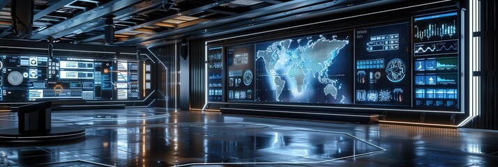 Large screens in a logistics control center show delivery routes and data to optimize transportation efficiency and operations. Generative AI