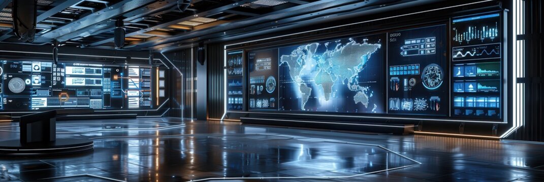 Large screens in a logistics control center show delivery routes and data to optimize transportation efficiency and operations. Generative AI